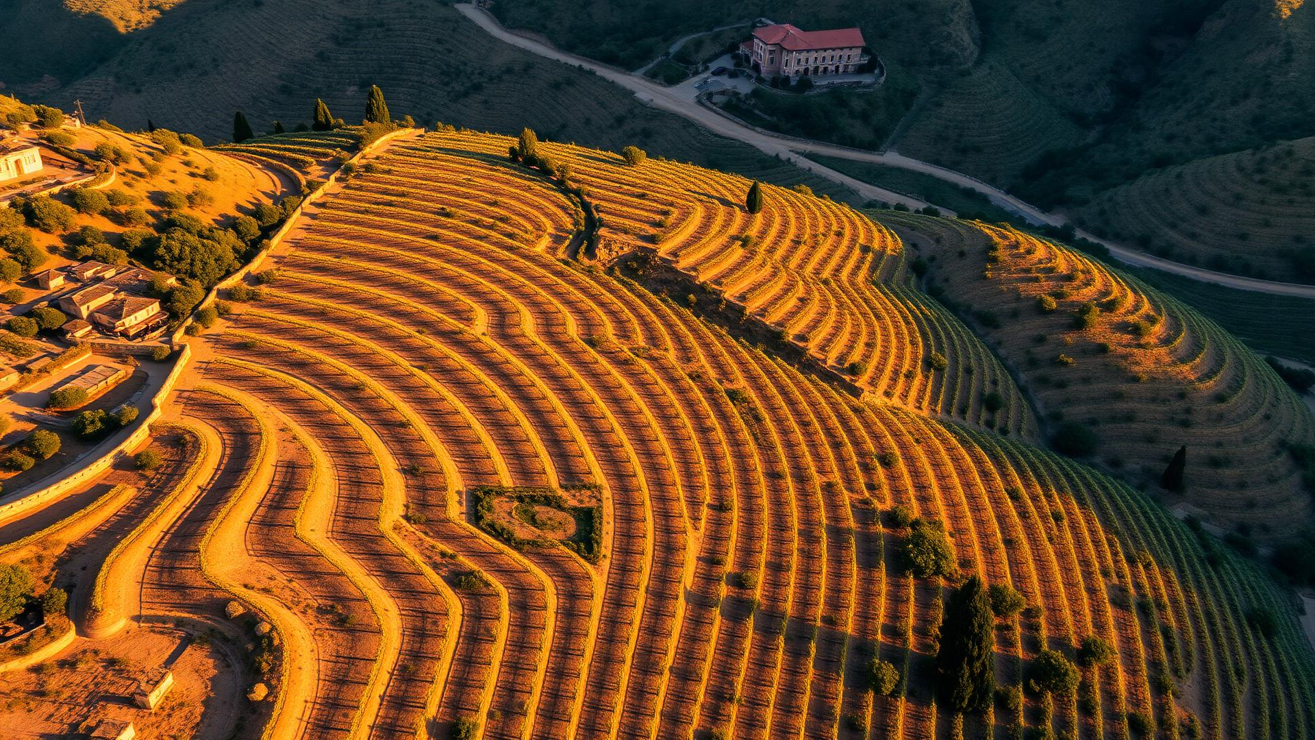 Terraced vineyard at golden hour